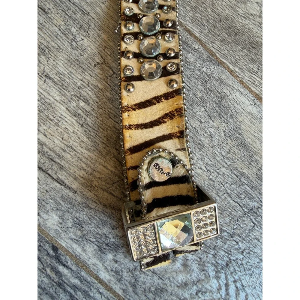 BHW Western Belt XL Zebra Print Rhinestone Extra Large Studded Calf Hair Leather